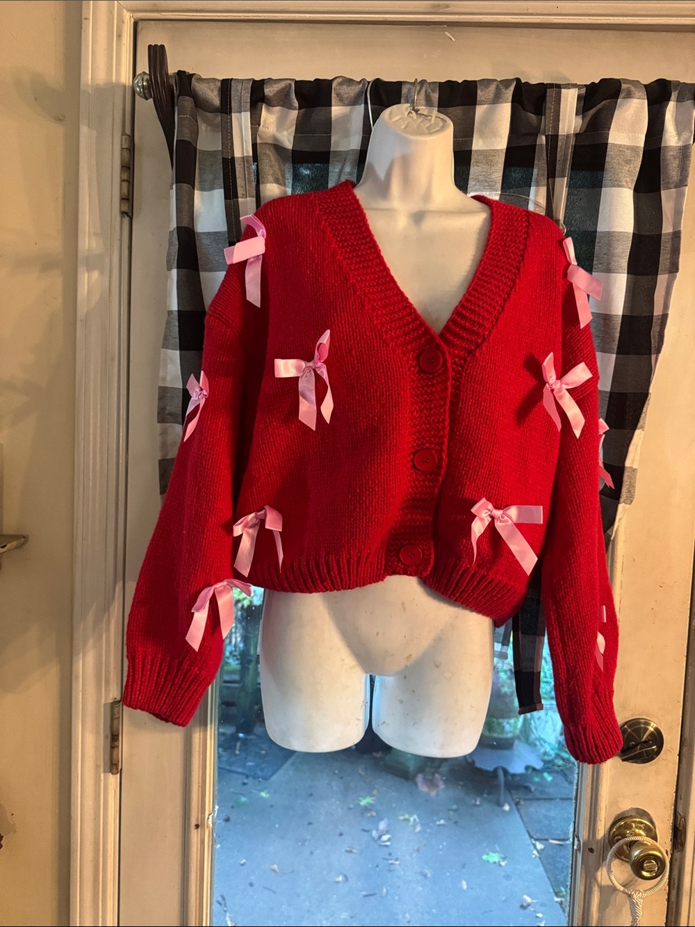 LUNA IVY Red V-Neck Bow-Appliqué Cardigan Sweater Small